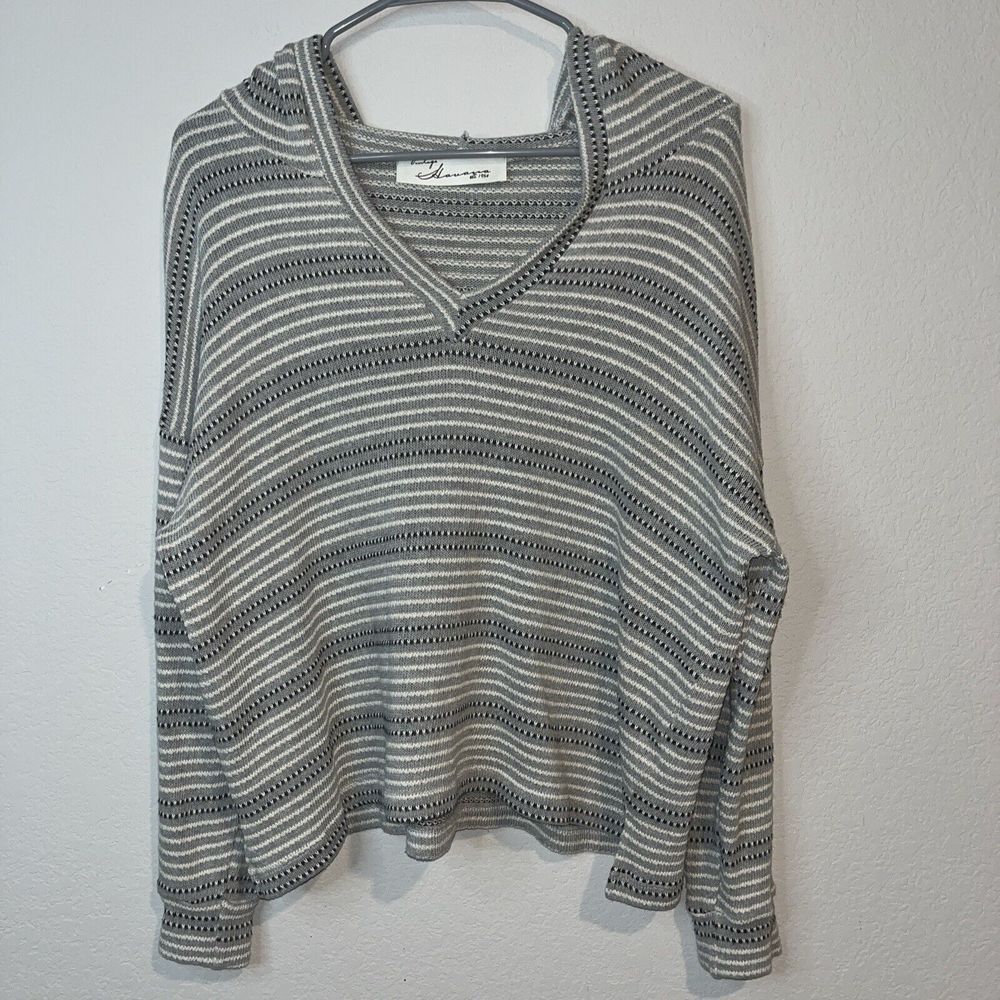 Vintage Havana Womans Medium V Neck Hoodie Striped Boxy Cropped Gray